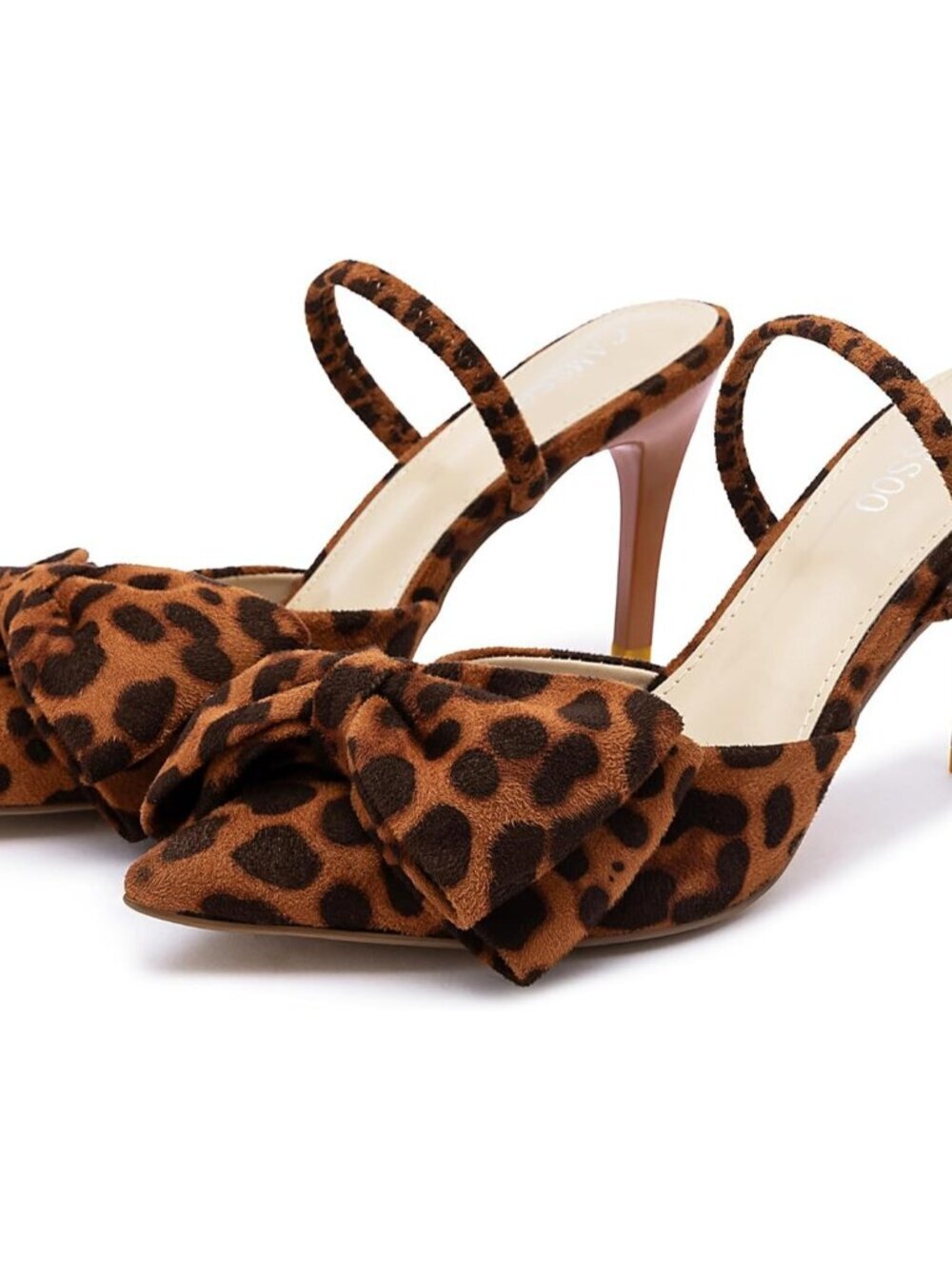 Women's Leopard Suede Bow Heels Slingback Pumps Suede Closed Pointed Toe Shoes
